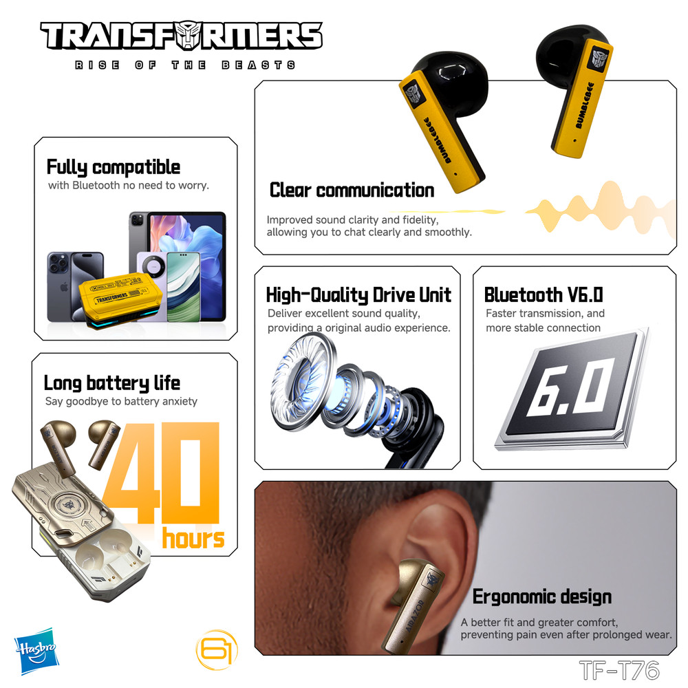 Transformers TF-T76 TWS Bluetooth Earbuds with Mic, Mecha Armor Case - Bumblebee