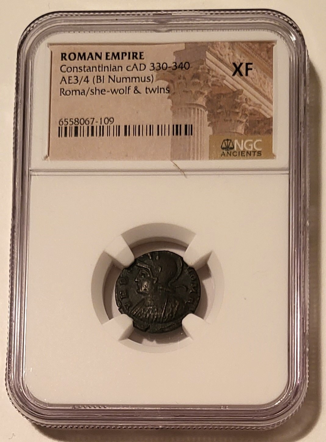 Roman Empire Constantinian c AD 330-340 AE3/4 BI Nummus She-Wolf/Twins XF NGC