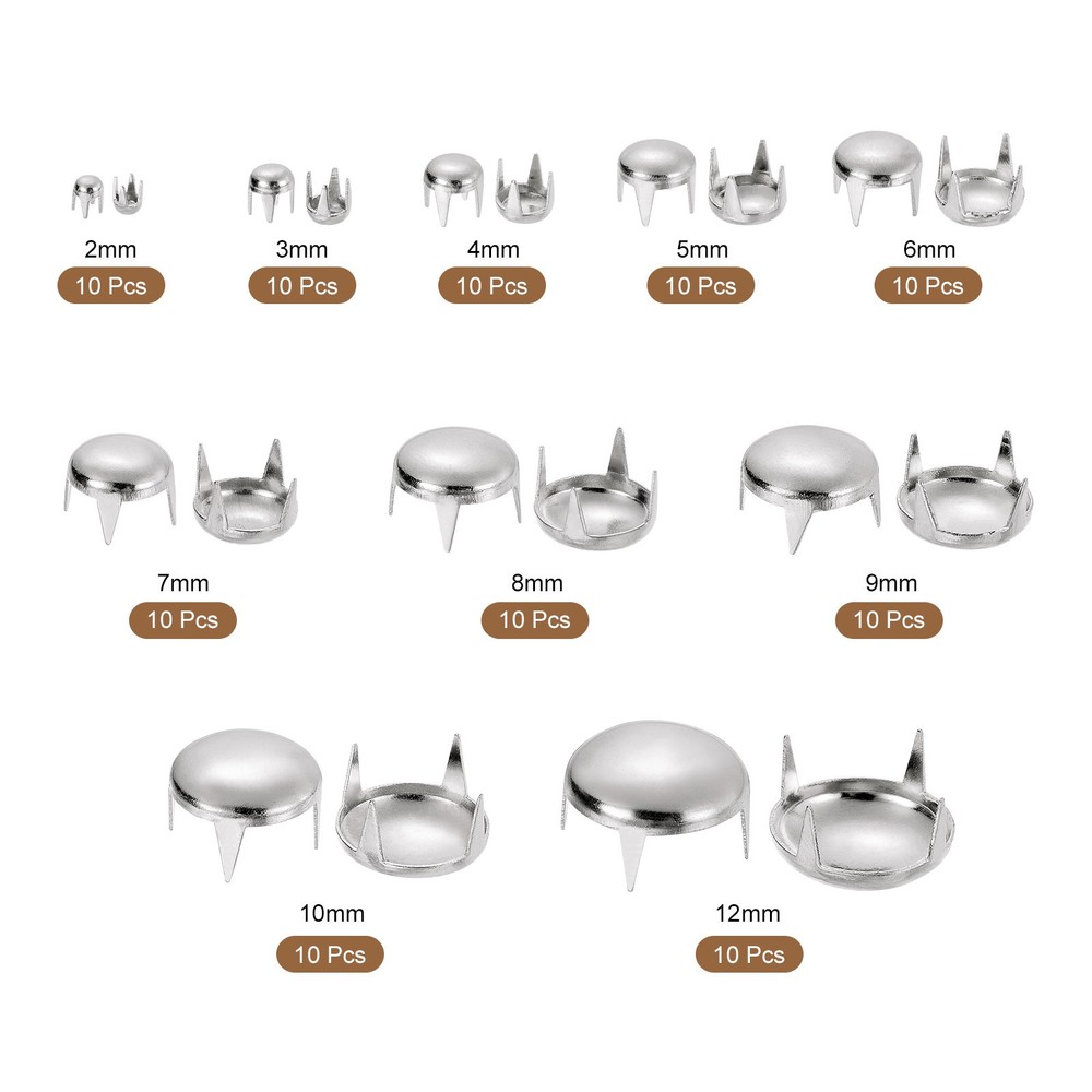 100 x Silver 10 Sizes Round Dome Rivets for DIY Leather Craft