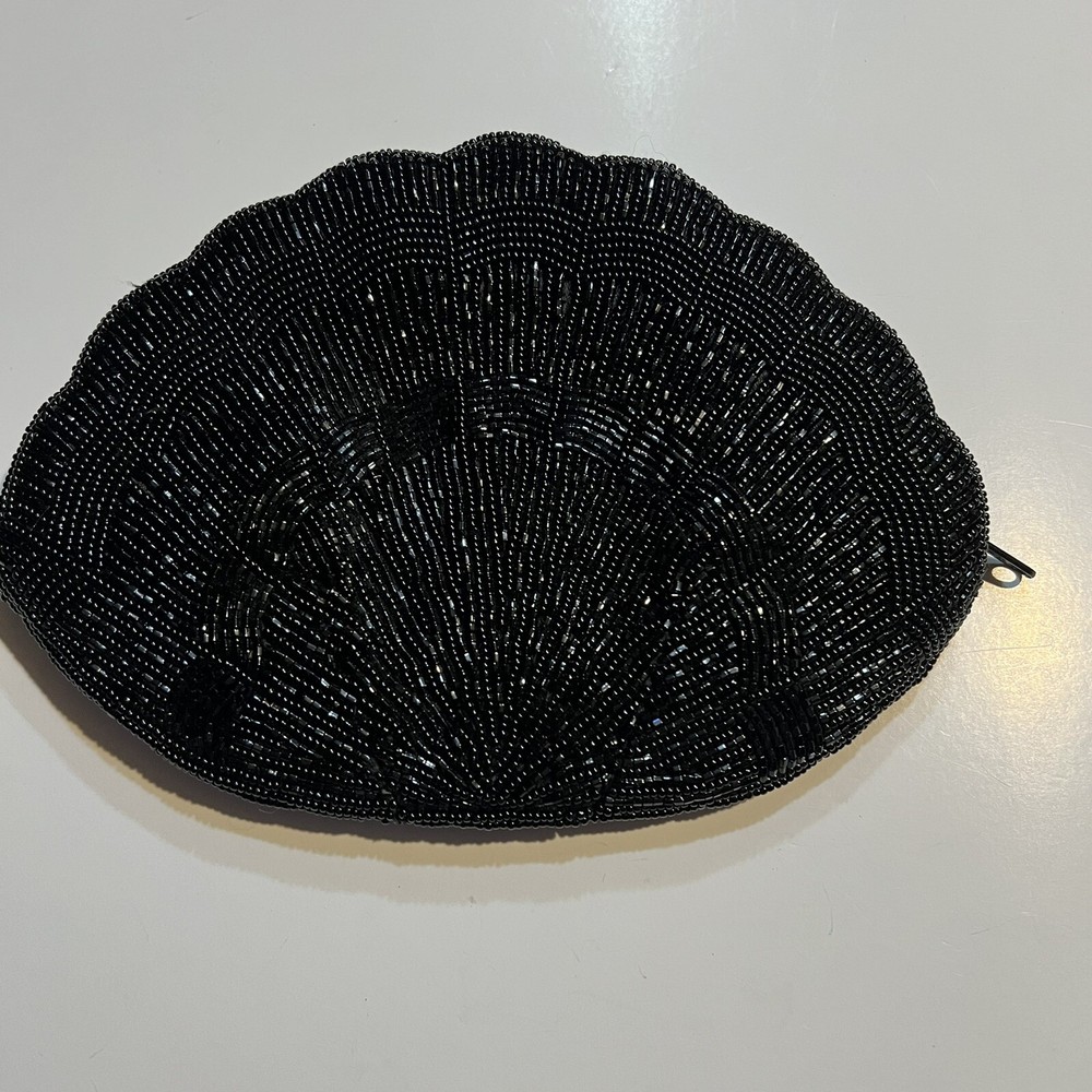 Vintage Black Beaded Shell Zip Top Small Clutch Evening Party Wedding
