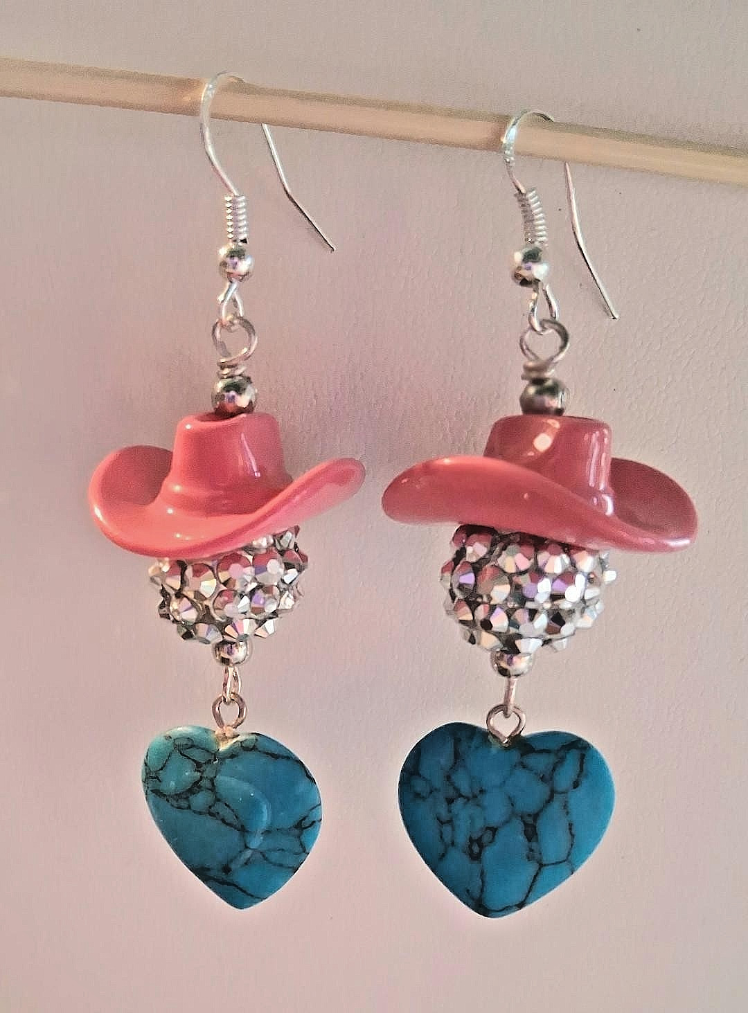Turquoise Hearts & Pink Cowgirl Hat Super Bling Earrings by Wild M!