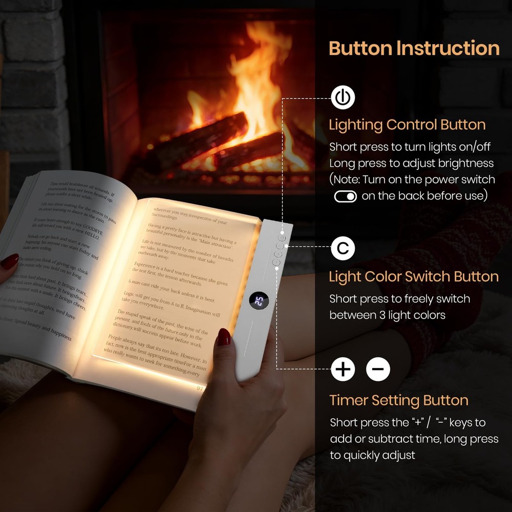 Flat Book Light Rechargeable LED Smart Reading 3 Colors Timer Panel White