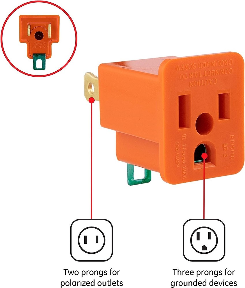 GE Polarized Grounding Outlet Extender, 2 Pack, Turn 2-Prong into 3, Orange