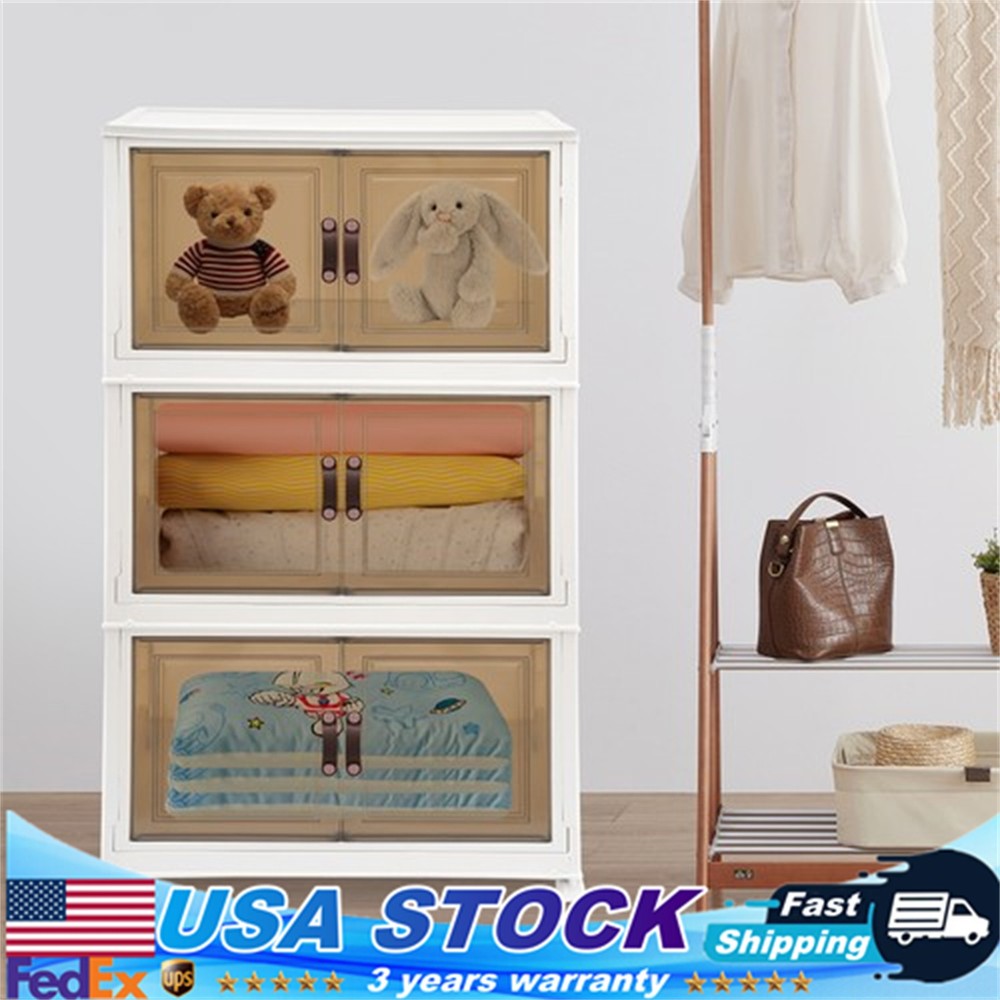 3-Tier Stackable Storage Bins with Lids & Wheels Foldable Closet Organizer Box