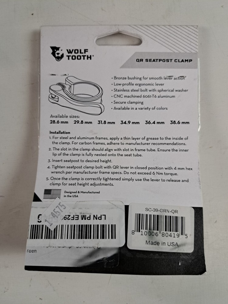 Wolf Tooth QR Quick Release Seatpost Clamp - 38.6mm, Green