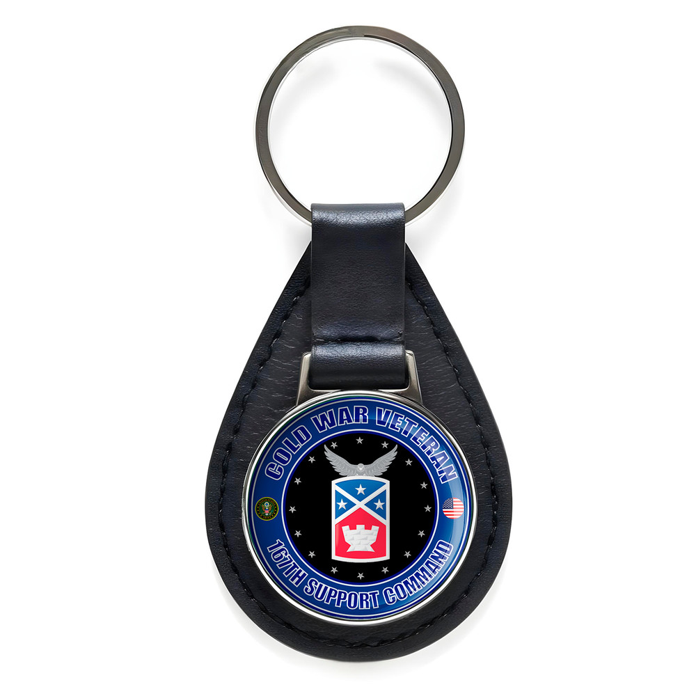 Cold War Veteran 167th Support Command Black Leather Keychain Silver Keyring