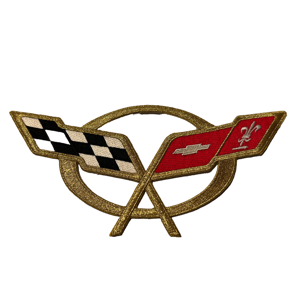 1997-2004 C5 Corvette Crossed Flags Embroidered Applique Patch Gold Thread 8in