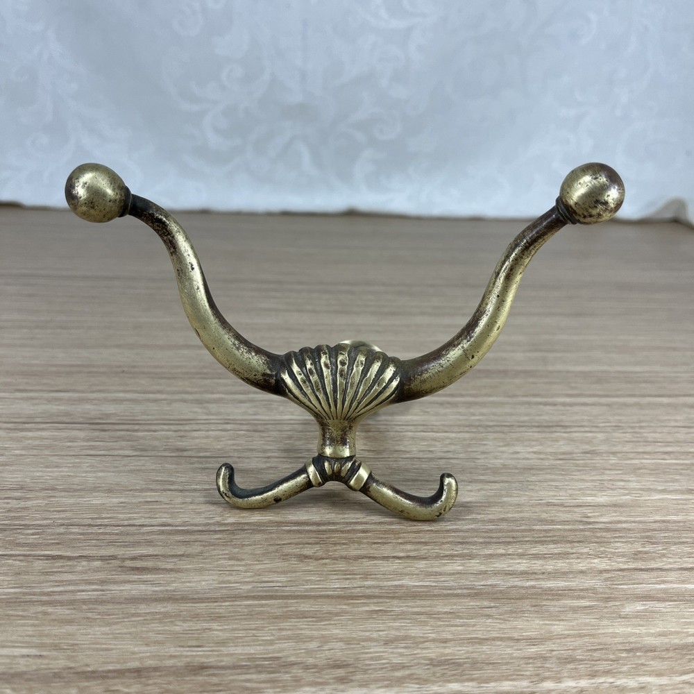 Vintage Antique Original Solid Brass 4-Post Coat & Hat Hook Wall Mount Screw In