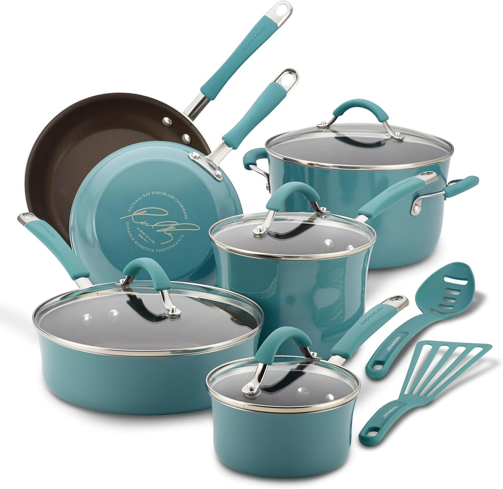Cucina Nonstick Cookware Pots and Pans Set, 12 Piece, Agave Blue