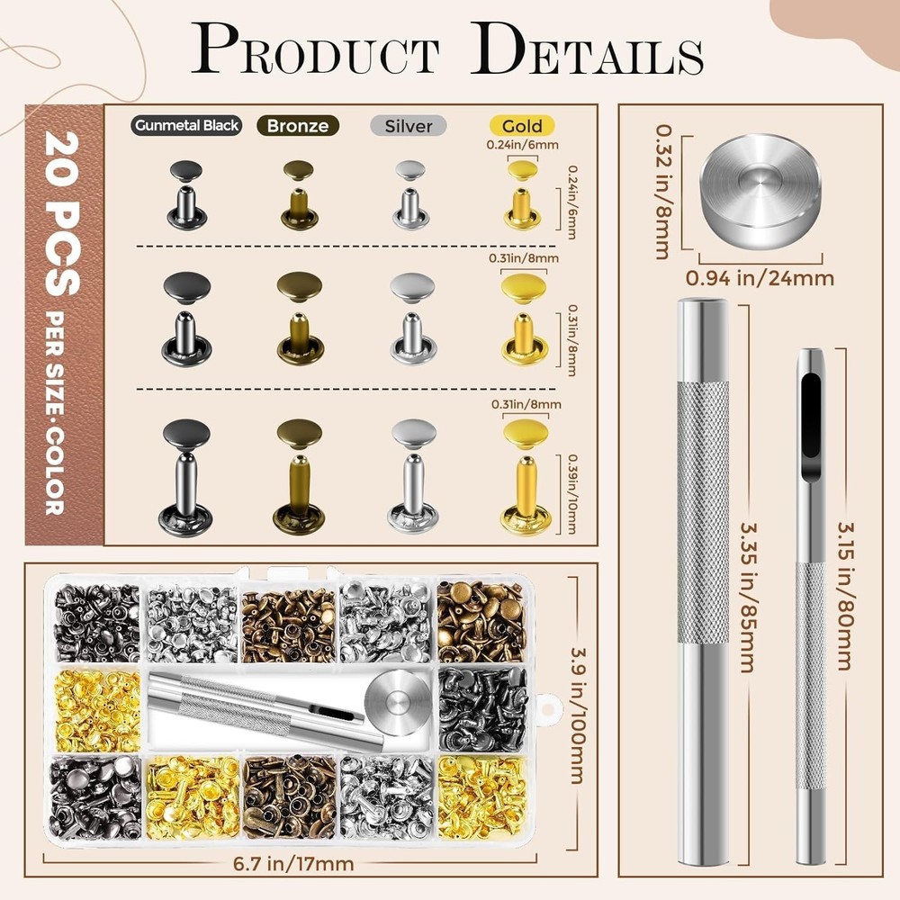 Leather Rivets Kit - 240 Double Cap Brass Sets with Tools & Storage Box