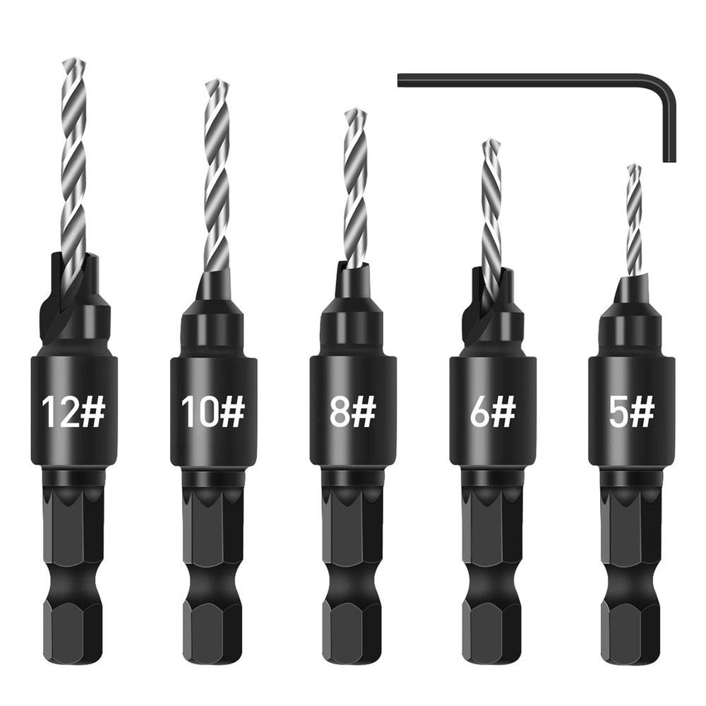 5Pcs Countersink Drill Bit Set Woodworking HSS Chamfer Drill Bit 1/4" Hex Shank
