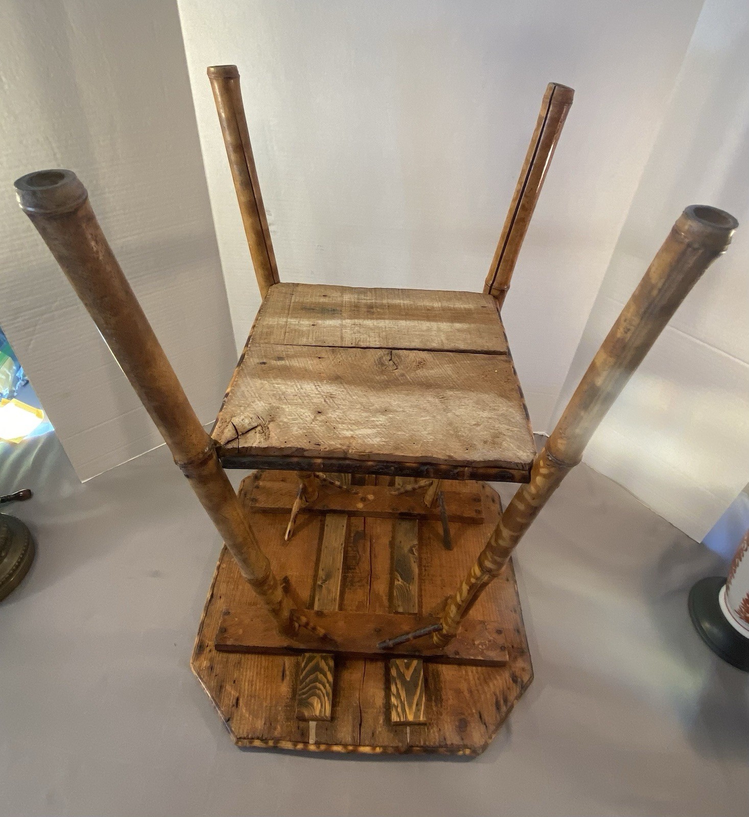 Antique 2 Tier Tiger Bamboo Side Table Victorian Aesthetic Painted Top **READ**