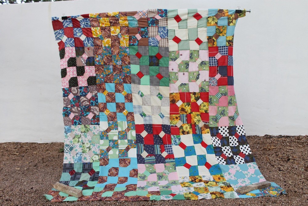Vintage Scrappy Checkered Patchwork Quilt Top