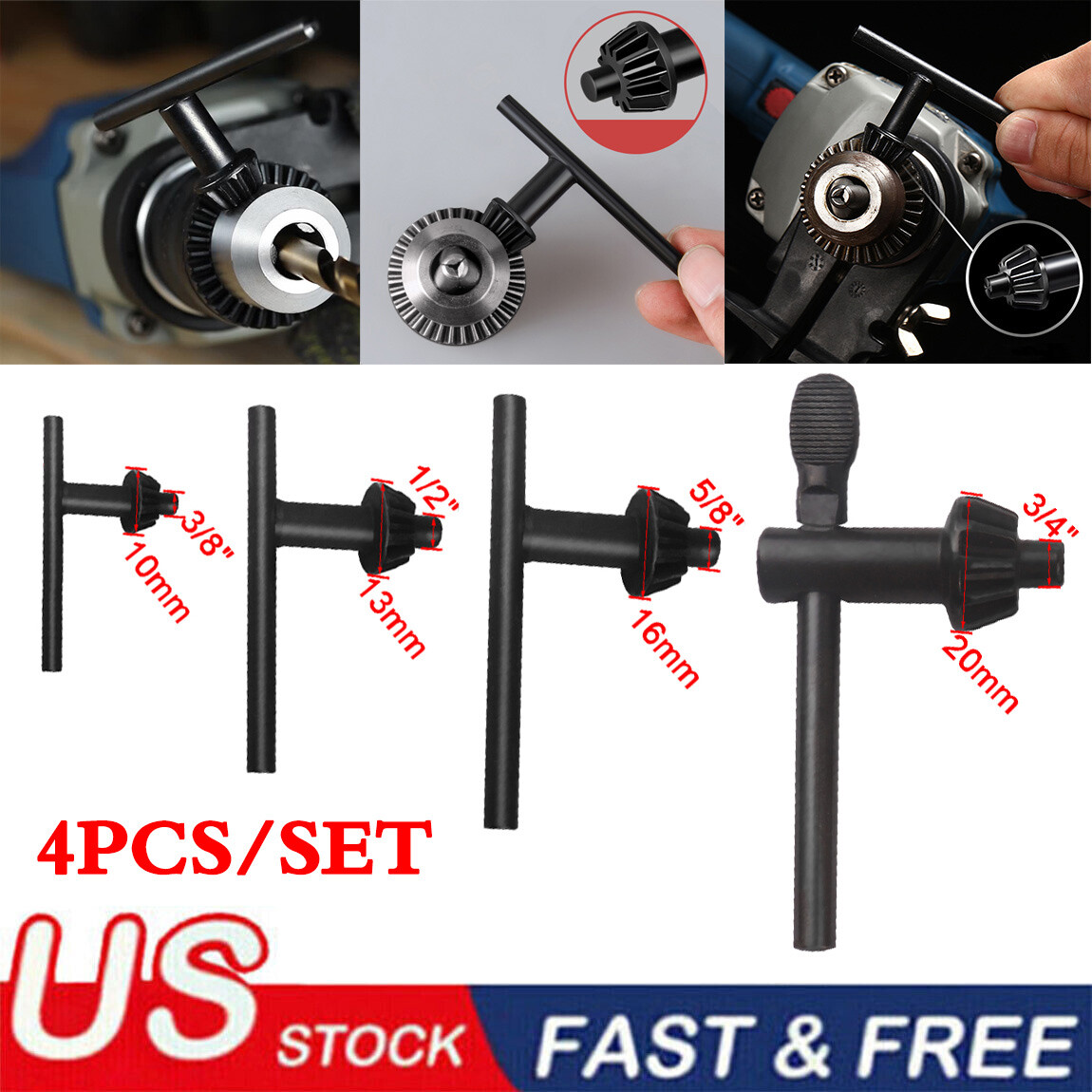 4 Size 3/8" 1/2" 5/8" 3/4" Drill Chuck Key Combination Wrench Drill Press Chuck