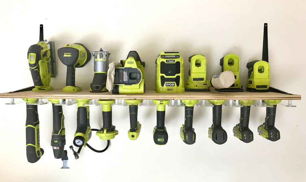Ryobi storage bracket TRANSPARENT GRAY (hold 2 tools) to mount under own shelf