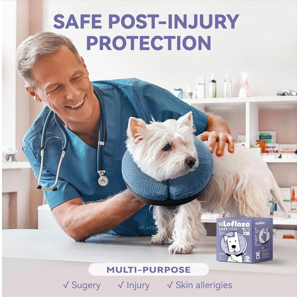Inflatable Dog Cone Collar - Soft, Adjustable Recovery E-Collar for Pets, Blue M