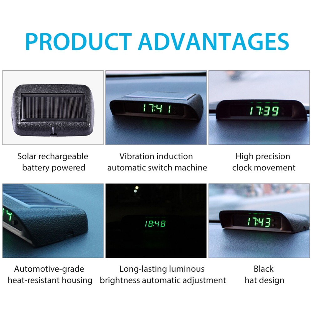Car Dashboard Desk LED Digital Clock 3-Level Brightness Adjust Solar Charging