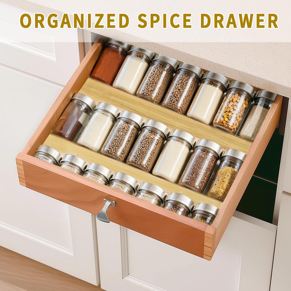 WodGod Bamboo Spice Rack Drawer Organizer - 4-Tier Stackable Kitchen Insert
