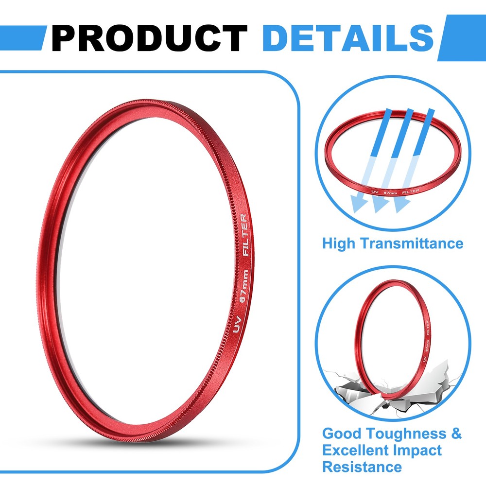 2Pcs 67mm Ultra Slim Lens Filter Multi Coating Camera Len Filter, Red