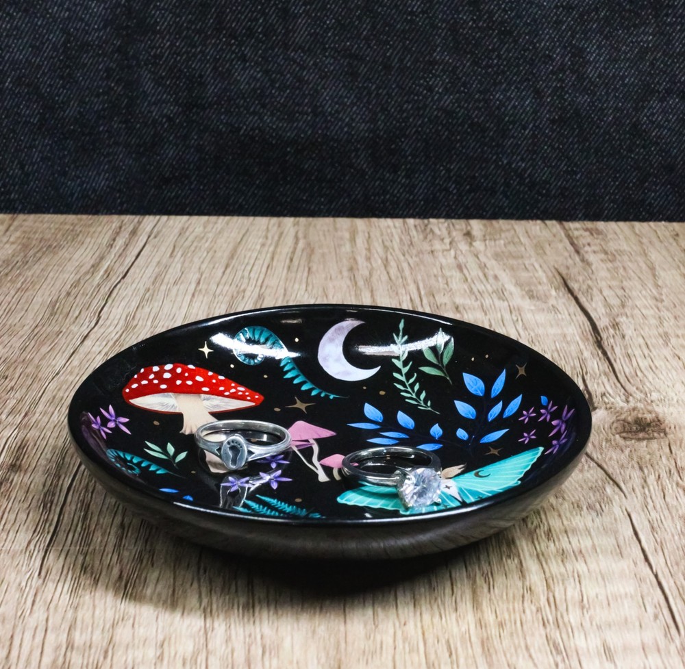 Ceramic Gothic Wicca Dark Forest Toadstool Mushrooms Luna Moth Trinket Dish