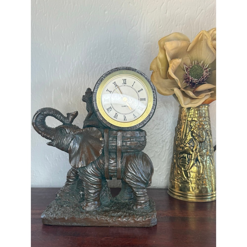 Elephant Monkey Resin Table Clock 1990s Safari Décor