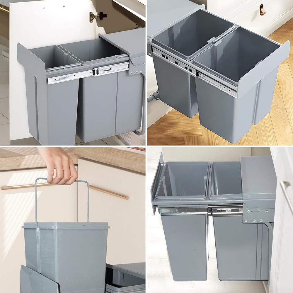 Pull Out Trash Can Under Cabinet Sink Double Sliding Grey
