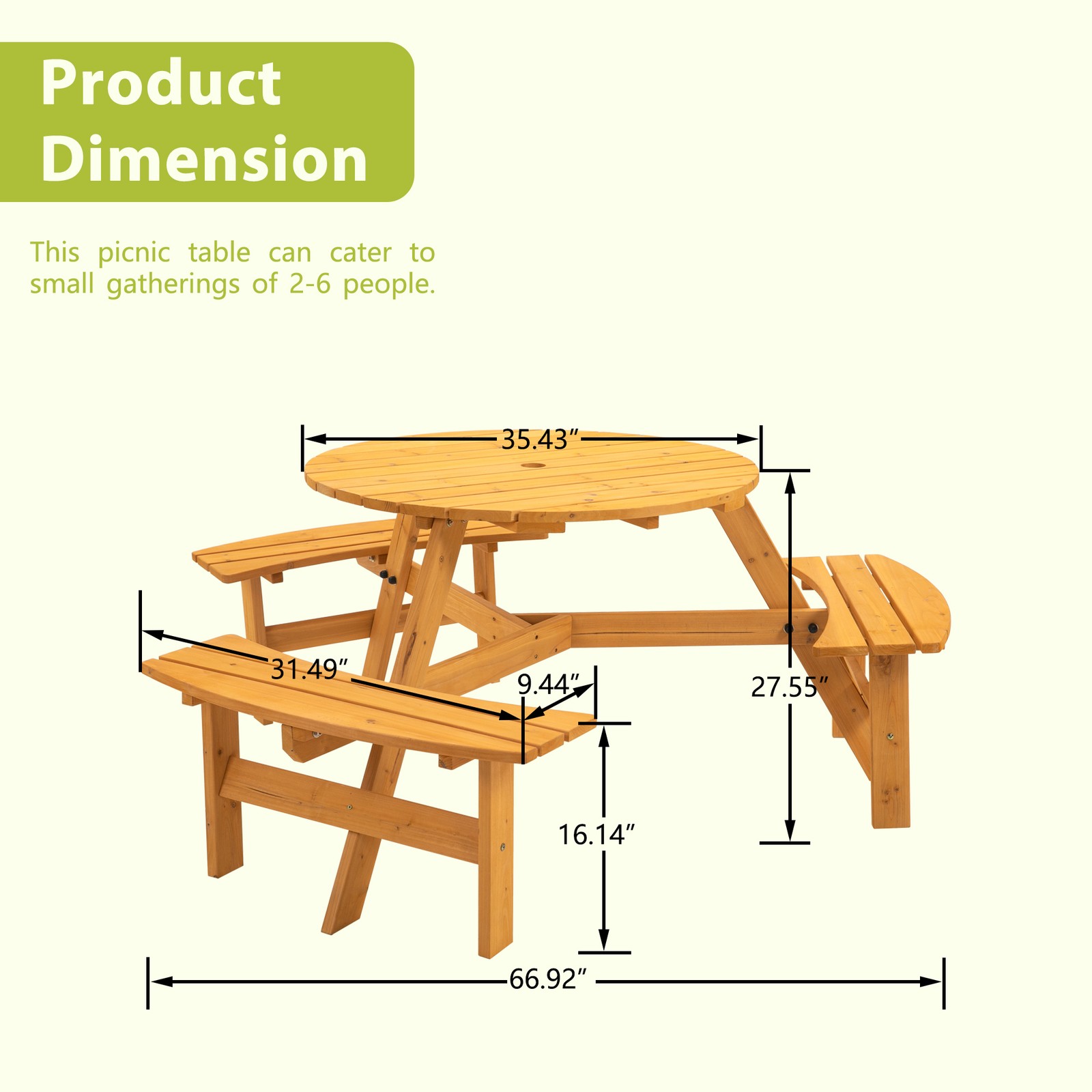 6-Person Circular Outdoor Wooden Picnic Table with 3 Built-in Benches for Patio