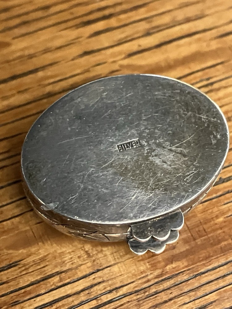 Antique Silver Red Bird Tree Branch Pill Box Container Engraved Flower Design