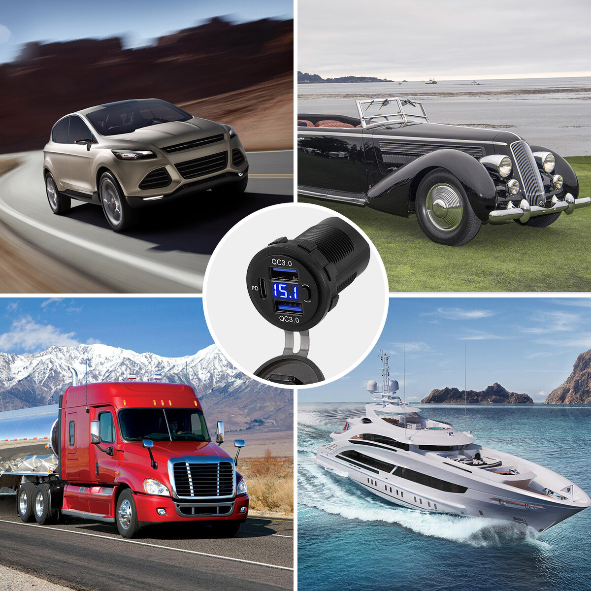 12V-24V PD+QC3.0 Dual USB Car Fast Charger Power Socket Outlet LED Voltmeter Lot