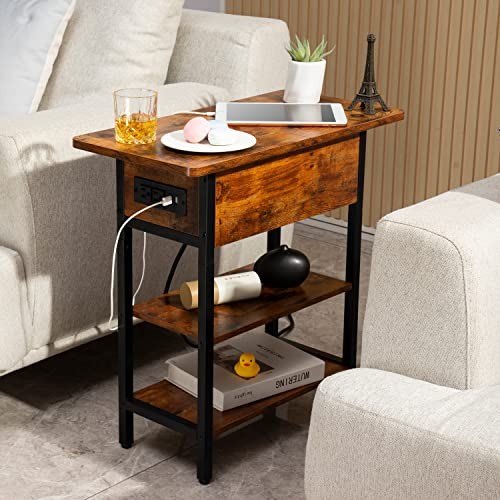 End Table with Charging Station, Flip Top Side Table with USB Berry Brown