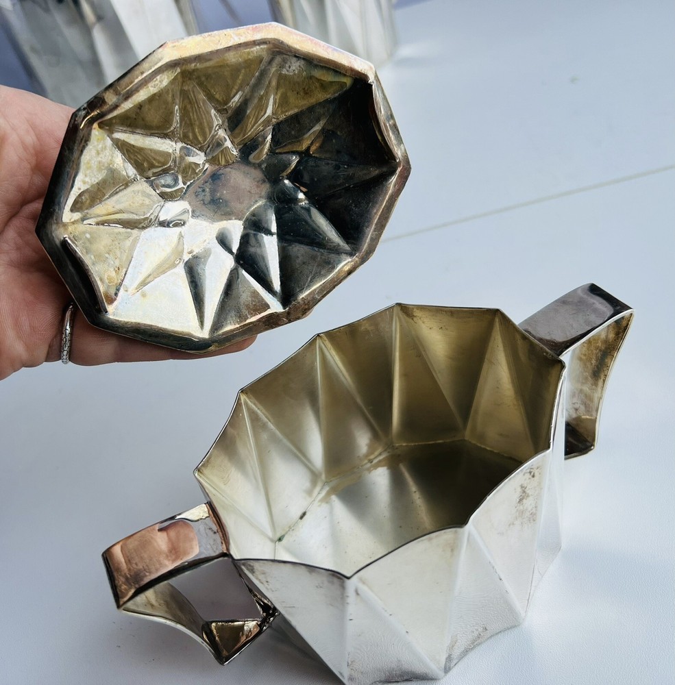 Larry Laslo Towle Art Deco Styled Silverplate/Brass Coffee Pot, Sugar, Creamer