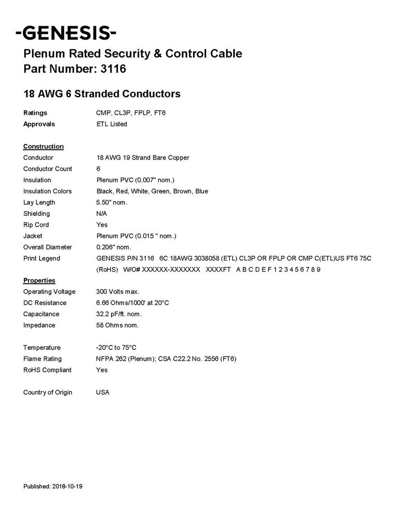 Honeywell Genesis 3116 18/6C Plenum Security/Control Cable CMP White /50ft