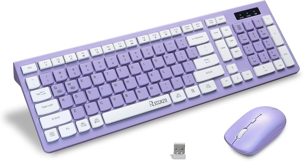 Wireless Full-Sized Keyboard and 3 DPI Mouse Combo 2.4G Purple/White