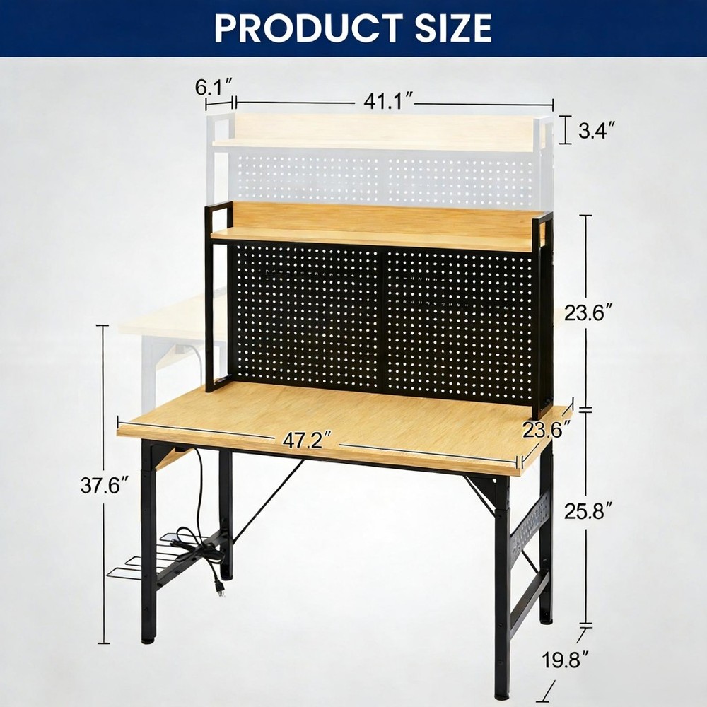 48" Adjustable Rolling Workbench w/ Pegboard Shelf AC/USB Outlet for Workshop