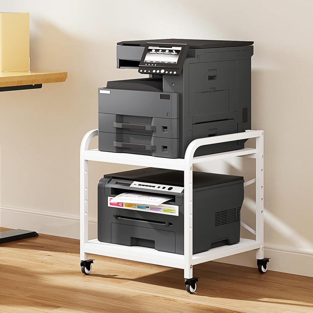 20 Inches Large White Printer Stand 2-Tier Under Desk Printer Table W/ Height