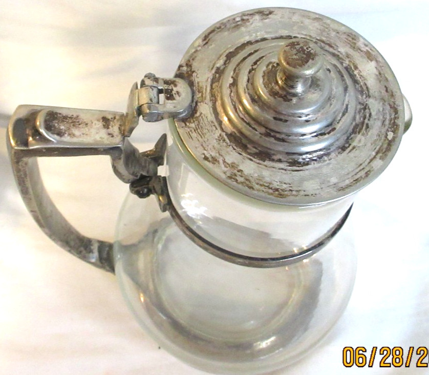 ANTIQUE~HEAVY GLASS AND SILVER WITH HINGED LID WATER PITCHER~10 1/4"