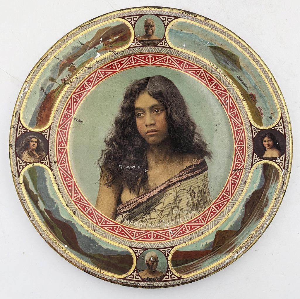 MAORI MAIDEN NEW ZEALAND ILES ROTORUA PHOTOGRAPHIC TOLEWARE DISH c1901-1905