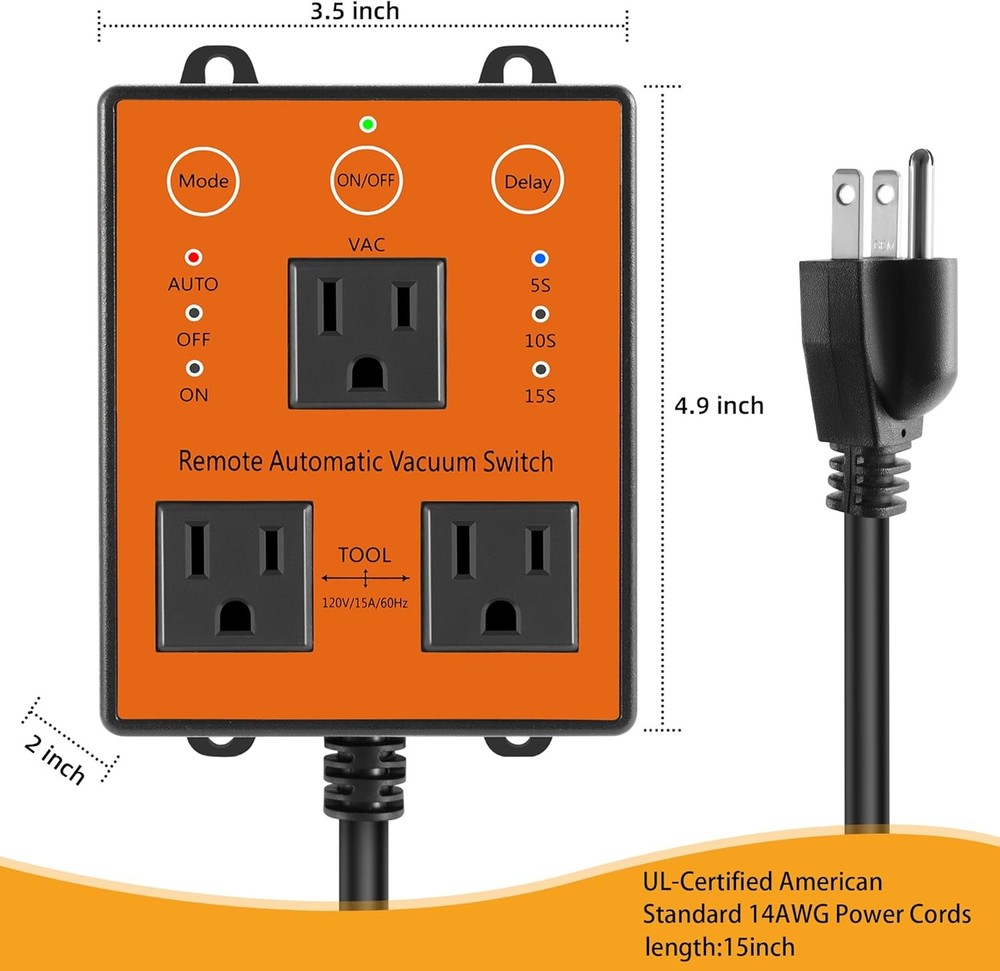 Remote Automatic Vacuum Switch, 120V/15A Power Tool Dust Control,