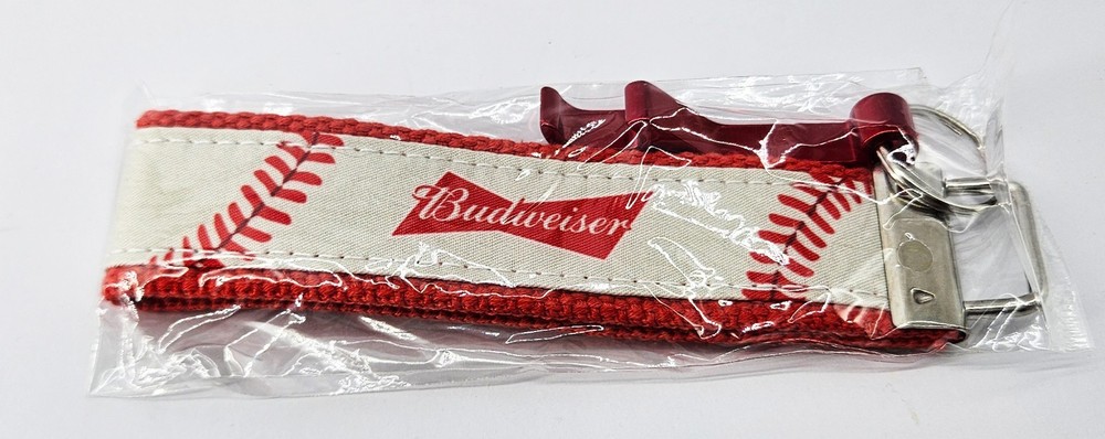 Budweiser Beer Baseball Leather Style Strap + Bottle Opener Keyring Keychain NEW