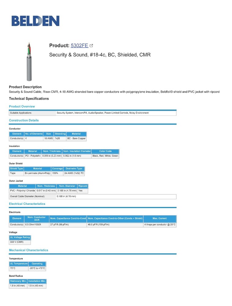 Belden 5302FE 18/4C Shielded Twisted Audio/Speaker/Alarm Cable Riser Gray /50ft