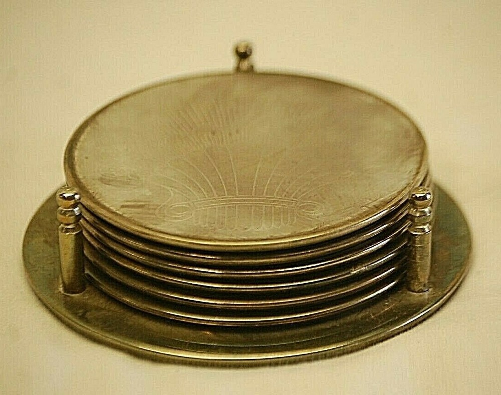 Silverplated 6 Etched Drink Coasters & Rack Holder Caddy Shell Deco Fan