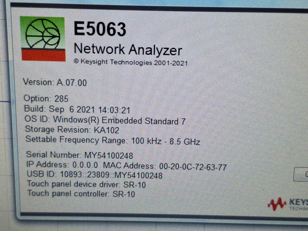 Agilent E5063A Network Analyzer 8.5GHz , Opt 285 WIN 7.. (0248)