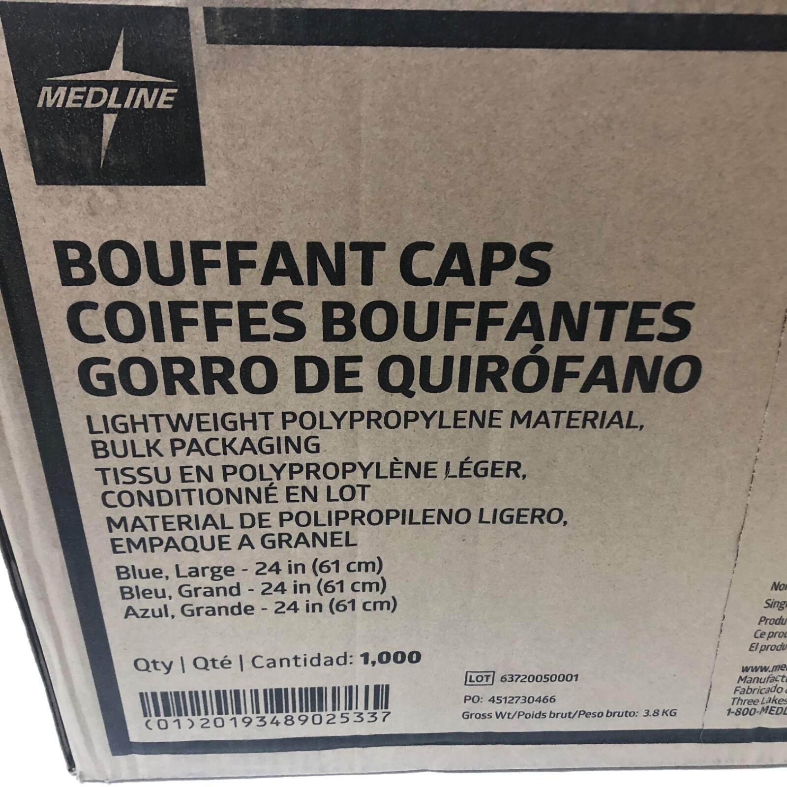 1000 Case - Medline 24" Blue Bouffant Cap Non Woven Disposable Hairnet CRI1404A