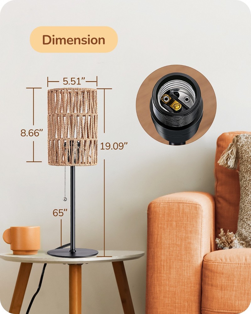 EDISHINE Rattan Table Lamp, Boho Nightstand Lamp with Pull Chain, E26 Socket