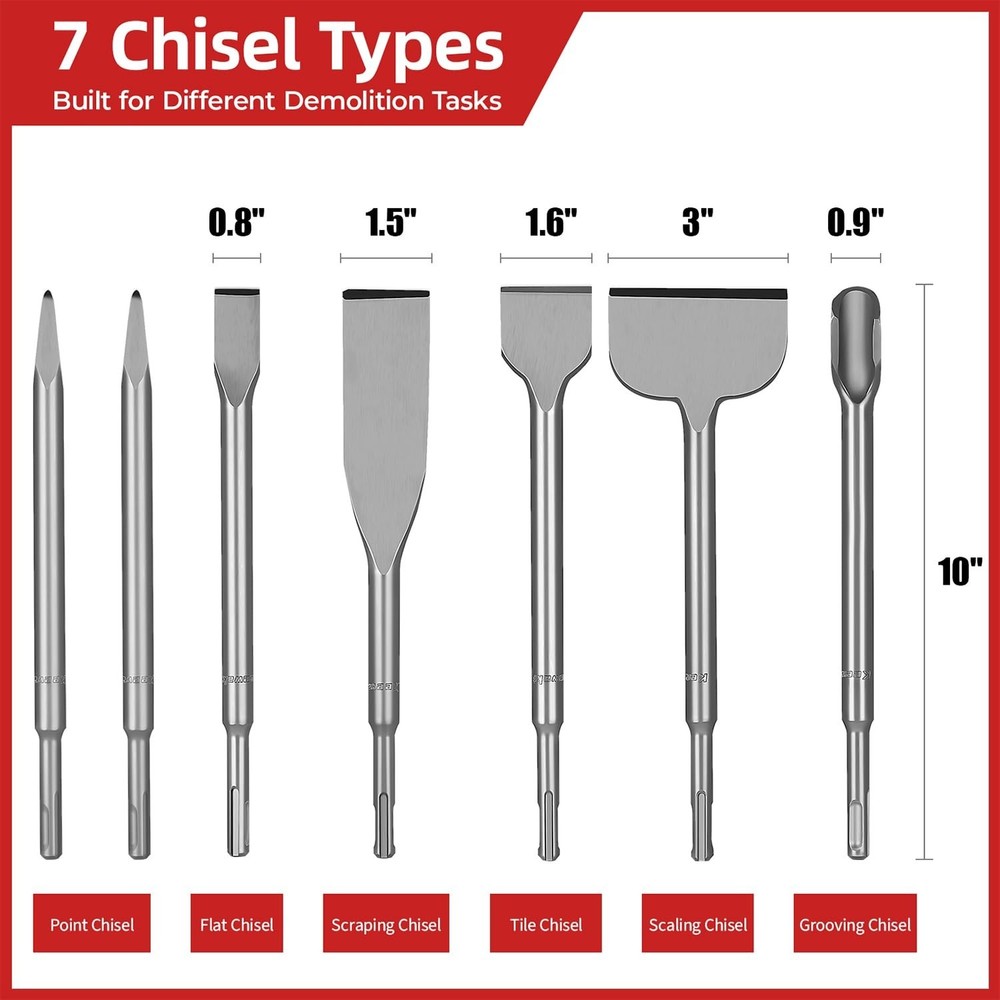 7PCS SDS Plus Chisel Set with Case, 10-Inch Rotary Hammer Chisels for Concret...
