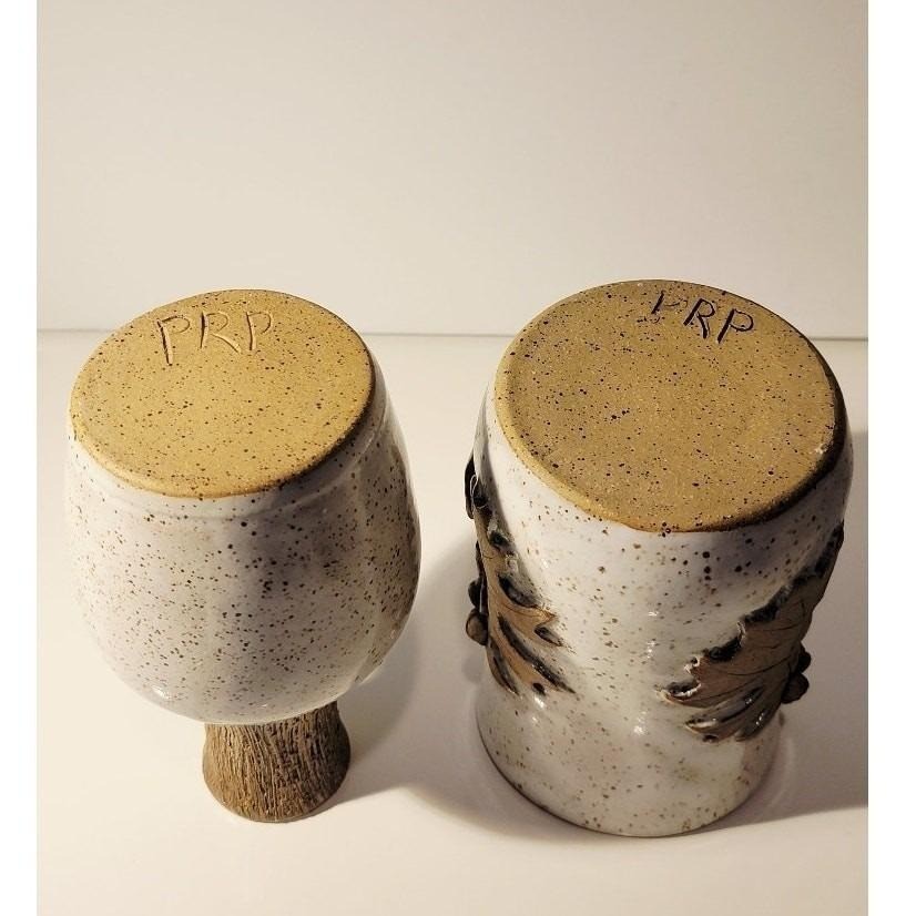 Studio Pottery Leaf Mug & Bud Vase Signed PRP Beige Speckle
