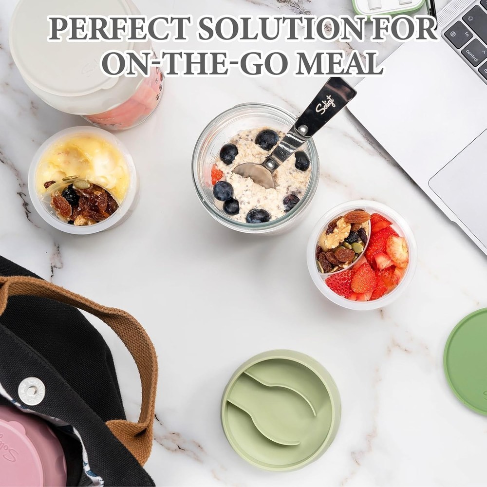 2 Pack Overnight Oats Containers W/ Lids Folding Spoons & Divided Compartments