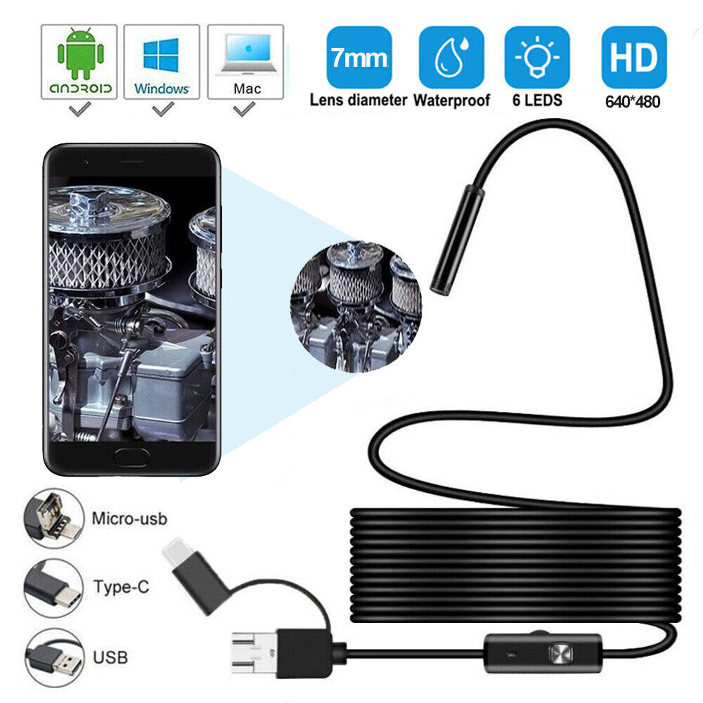 7mm Waterproof USB Type-C Endoscope Borescope Snake Inspection Camera Android/PC