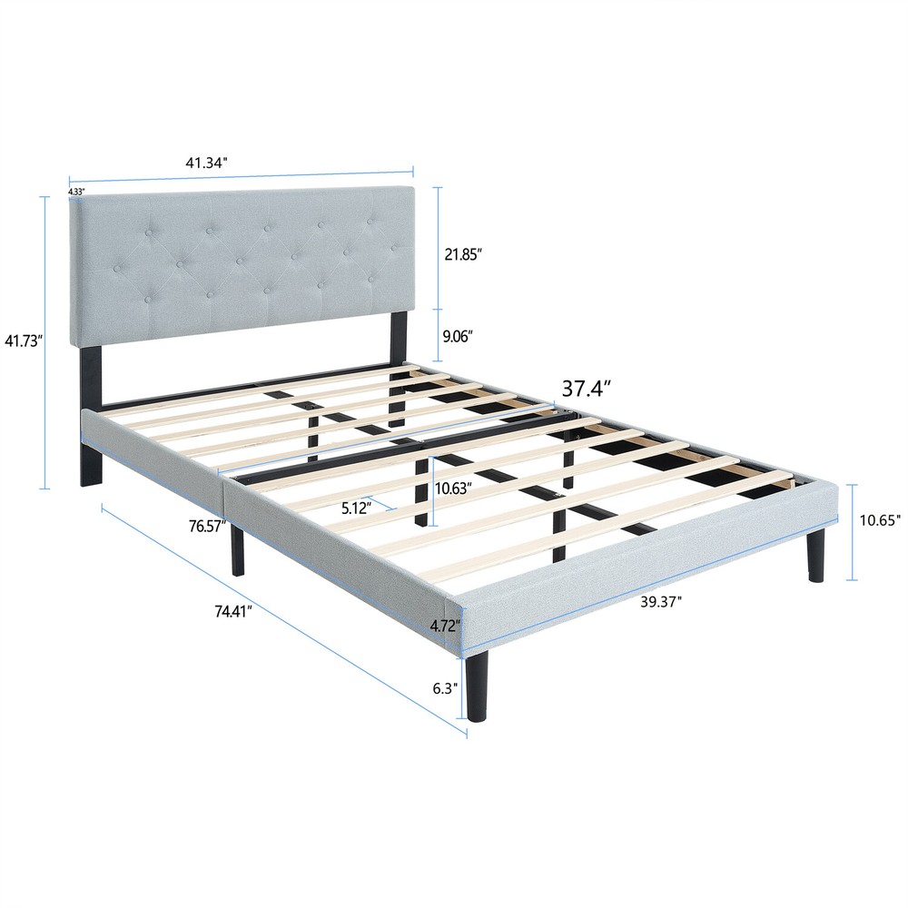 Twin Size Bed Frame Upholstered Platform Bed w/ Headboard Light Gray/Dark Gray