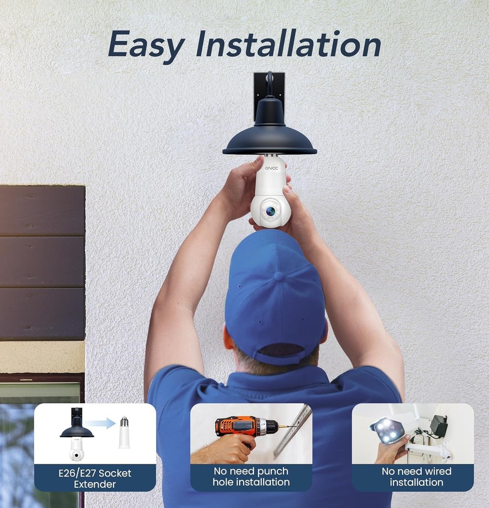 GNCC Light Bulb Security Camera,2.4GHz,355° 2K Cameras White